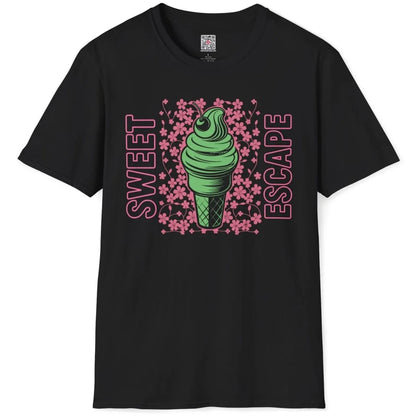 Black t-shirt flatlay with green ice cream, pink cherry blossoms, and teal SWEET ESCAPE text, japanese t-shirts.