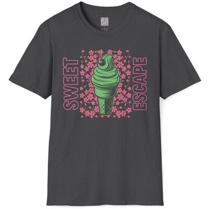 Dark heather t-shirt flatlay with green ice cream and cherry blossom art, japanese t-shirts, cherry blossom design.