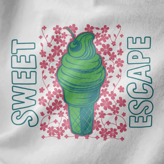 Closeup of green ice cream cone with cherry blossom background on white shirt, japanese t-shirts, kawaii clothes.