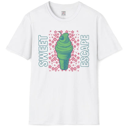 White t-shirt flatlay with green ice cream cone, cherry blossom background, and teal text, kawaii clothes.