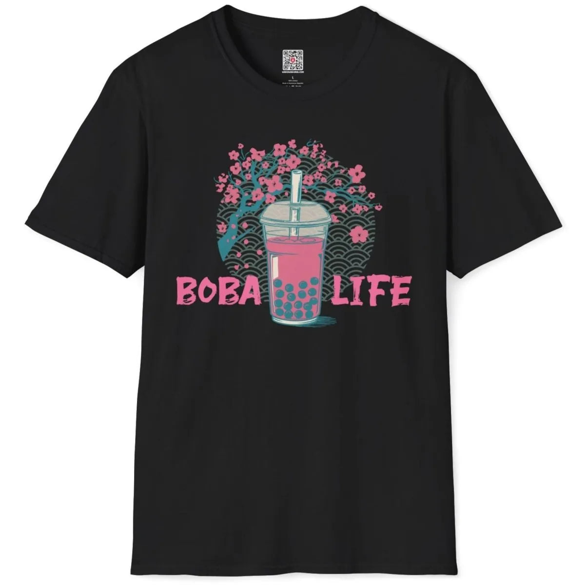 Black t-shirt flatlay with boba tea, cherry blossoms, and BOBA LIFE text, japanese t-shirts, bubble tea t shirt.