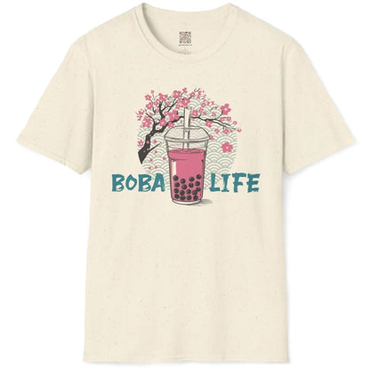 Natural t-shirt flatlay with boba tea, cherry blossoms, and BOBA LIFE text, japanese t-shirts, traditional japanese art.