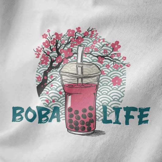 Closeup of pink boba tea with cherry blossoms and wave pattern on white shirt, japanese t-shirts, boba tea shirts.