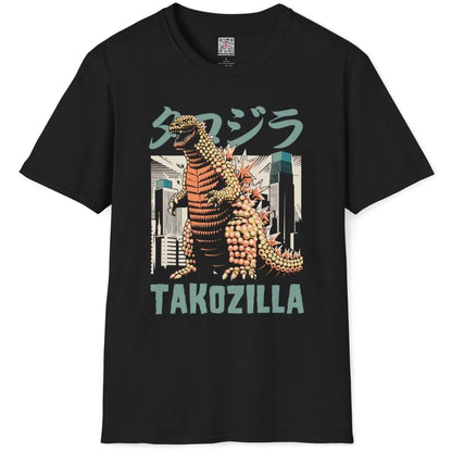 Black t-shirt flatlay with Takozilla, takoyaki balls, and bold TAKOZILLA text, godzilla shirt, dragon art.