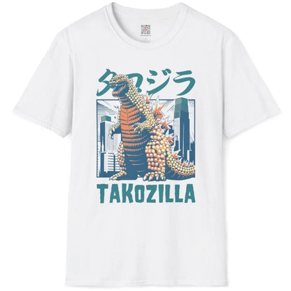 White t-shirt flatlay with orange Takozilla, takoyaki, and cityscape, japanese t-shirts, godzilla t shirt.