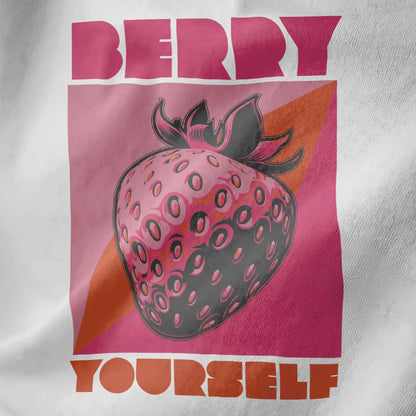 Bold pop art strawberry with "BERRY YOURSELF" text on white closeup, japanese t-shirts, vibrant style.