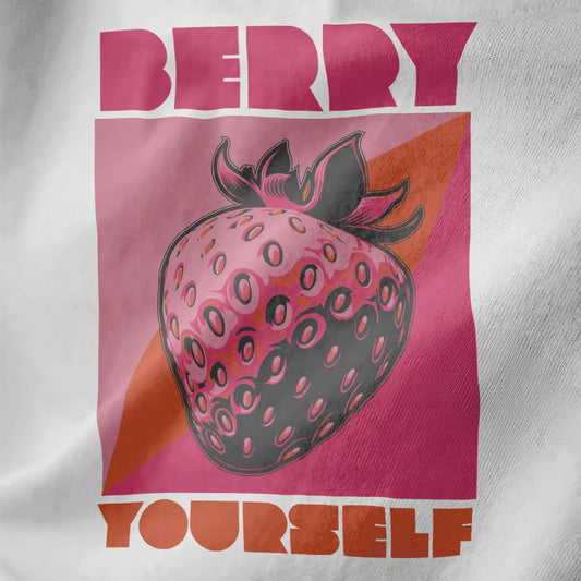 Bold pop art strawberry with "BERRY YOURSELF" text on white closeup, japanese t-shirts, vibrant style.