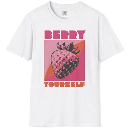 White flatlay t-shirt with stylized strawberry and empowering text, japanese t-shirts, vibrant style.