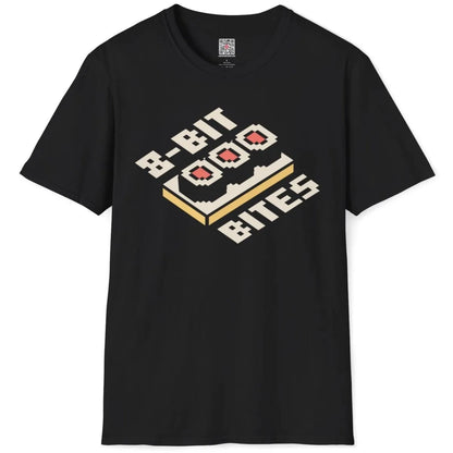 Black flatlay t-shirt with 8-bit sushi rolls and pixel font, sushi art, retro japan shirt.