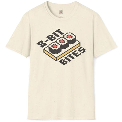 Natural flatlay t-shirt with playful 8-bit sushi design, sushi art, retro design.