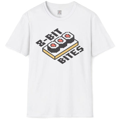White flatlay t-shirt with pixelated sushi and bold retro text, vintage anime t-shirts, sushi t-shirt.