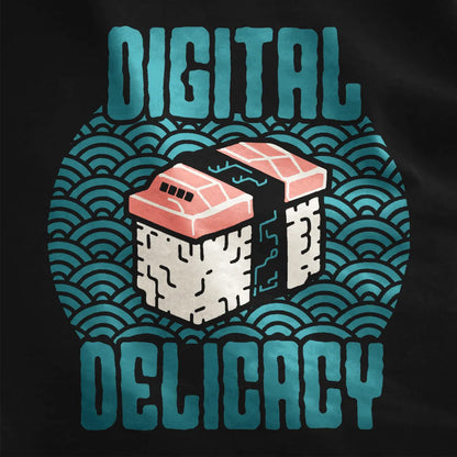 Pixelated sushi with circuit board pattern on black closeup, cyberpunk shirt, cultural hybrid.