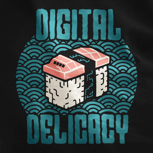 Pixelated sushi with circuit board pattern on black closeup, cyberpunk shirt, cultural hybrid.