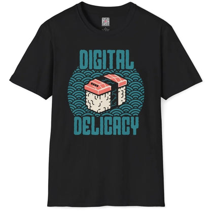 Black flatlay t-shirt with futuristic sushi and "DIGITAL DELICACY" text, cultural blend, cyberpunk t shirt.