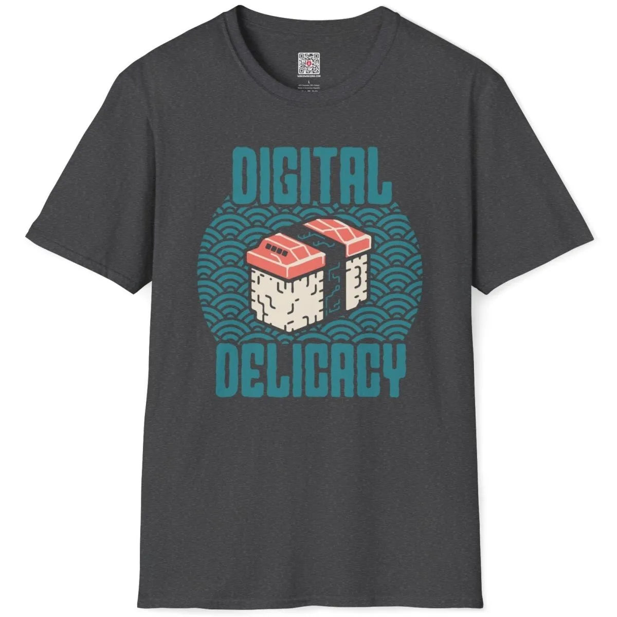 Dark heather flatlay t-shirt featuring pixelated tech sushi, circuit board art, modern t shirt designs.
