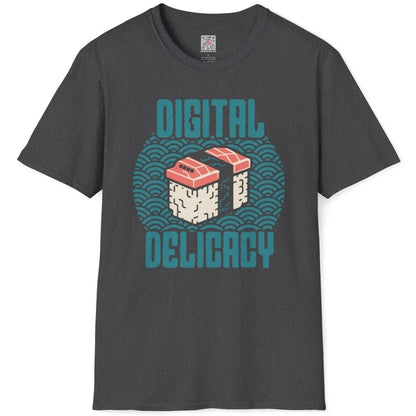 Dark heather flatlay t-shirt featuring pixelated tech sushi, circuit board art, modern t shirt designs.