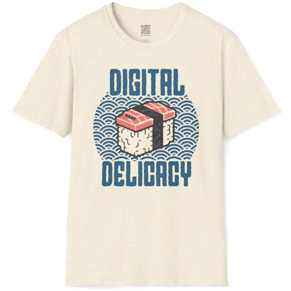 Natural flatlay t-shirt with digital sushi and wave pattern, cultural fusion, tech shirt.