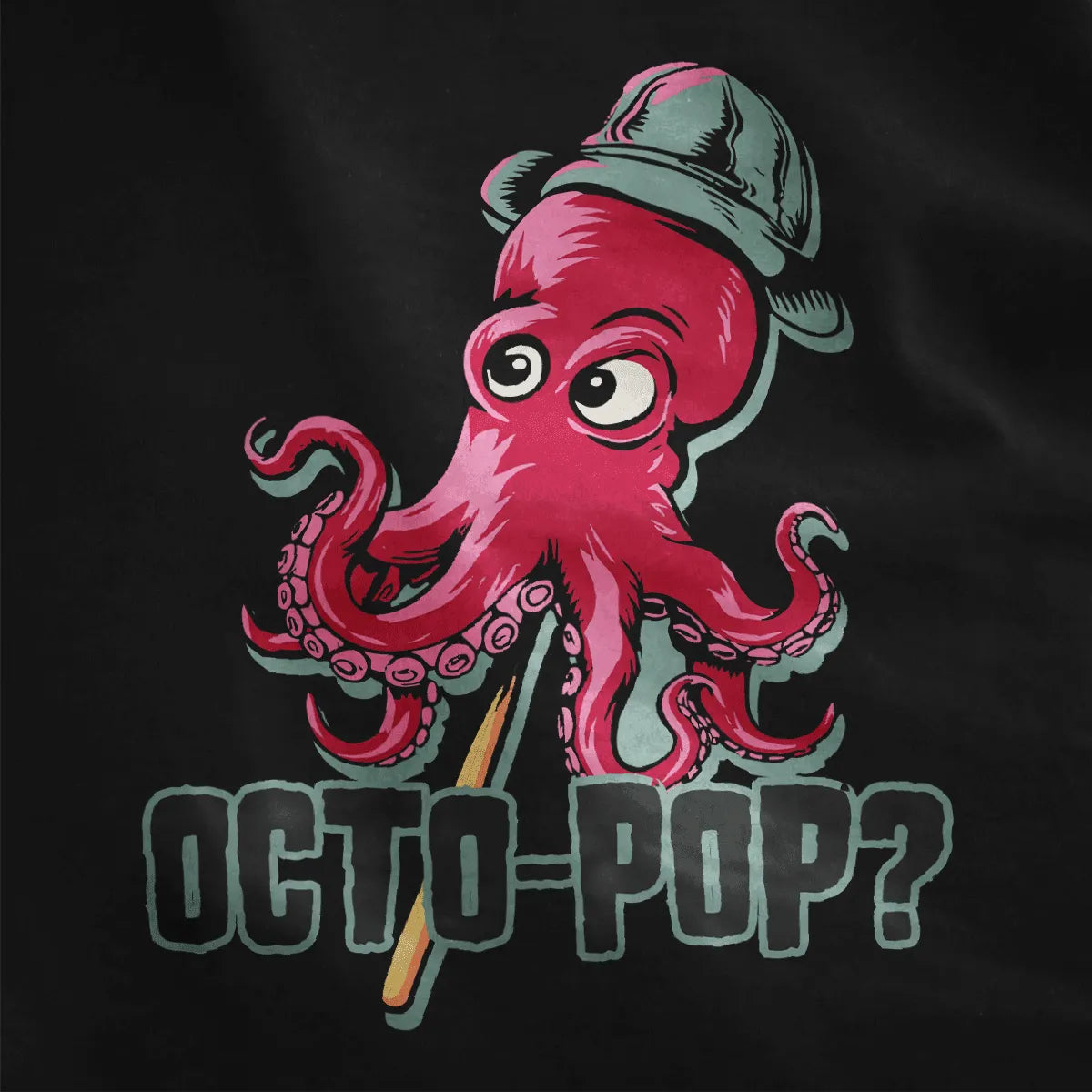 Flatlay of black t-shirt with playful red octopus in gray hat, octopus t shirt, vibrant style.