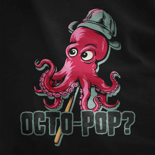 Flatlay of black t-shirt with playful red octopus in gray hat, octopus t shirt, vibrant style.
