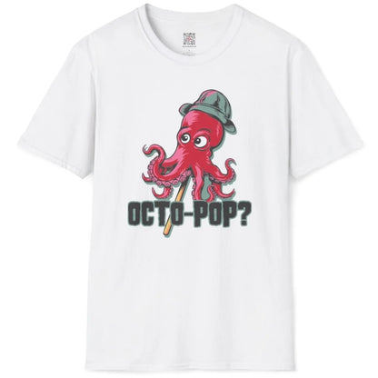 Flatlay of white t-shirt with cartoon red octopus, curled tentacles, and bold "OCTO-POP?" text.