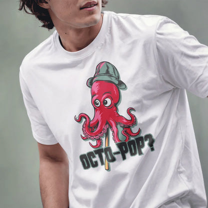 Male model in white t-shirt with red octopus, gray hat, and "OCTO-POP?" text, octopus art.