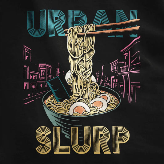 Steaming ramen bowl with chopsticks and teal cityscape on black shirt, ramen shirt, vibrant style.