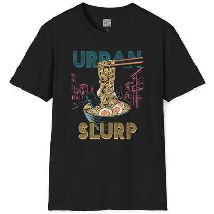 Flatlay of black t-shirt with bold ramen bowl, poached eggs, and cityscape, junk food shirt.