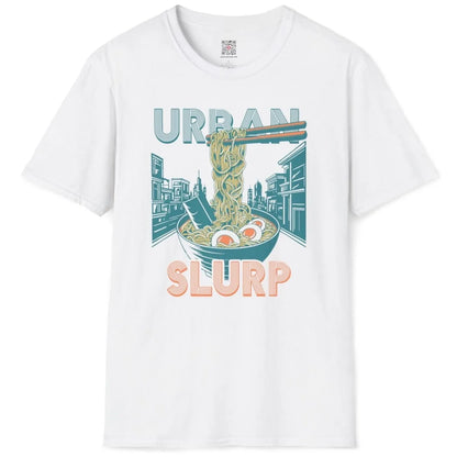 Flatlay of white t-shirt with ramen bowl, chopsticks, and "URBAN SLURP" in teal and orange, modern fusion.