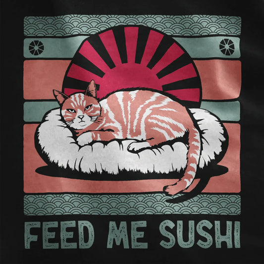 Closeup of orange tabby cat on sushi roll with red sun and ornate waves, bold “FEED ME SUSHI” text, funny cat shirt.