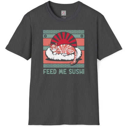 Dark heather tee flatlay with playful sushi cat, rising sun, green waves, and bold slogan, streetwear shirts.