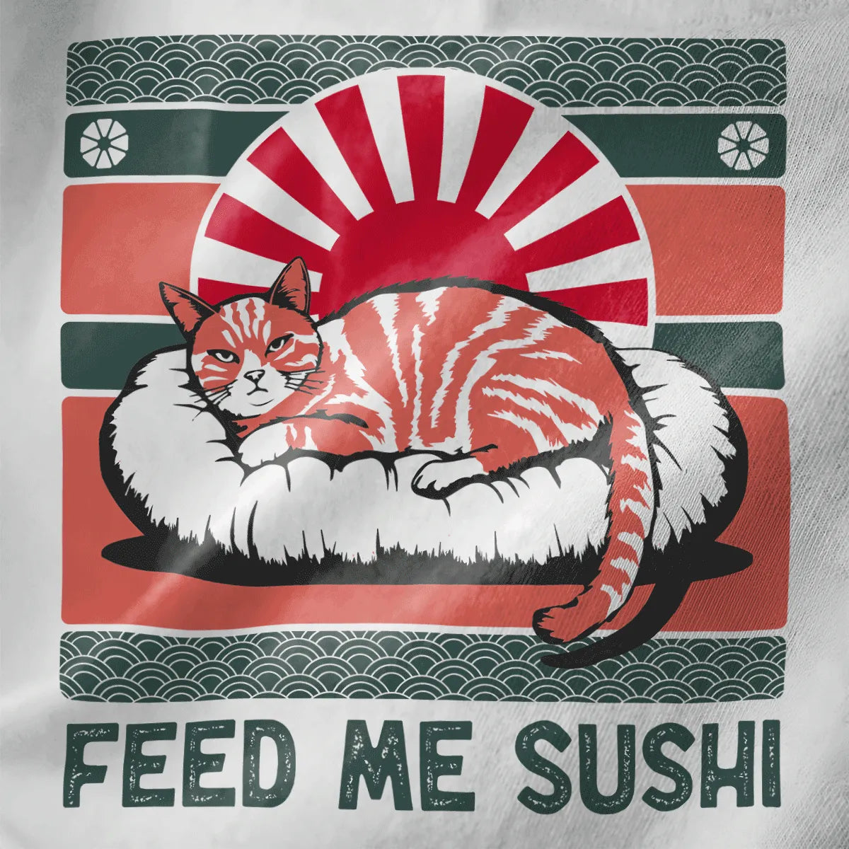 Closeup of orange tabby cat lounging on sushi roll with rising sun, green waves, and “FEED ME SUSHI” text, sushi t-shirt.