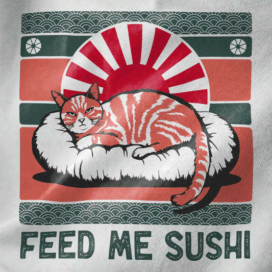 Closeup of orange tabby cat lounging on sushi roll with rising sun, green waves, and “FEED ME SUSHI” text, sushi t-shirt.