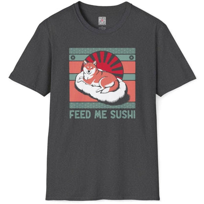 Dark heather flatlay t-shirt, Shiba Inu on sushi, red sunburst, wave border, japanese t-shirts, distressed font.