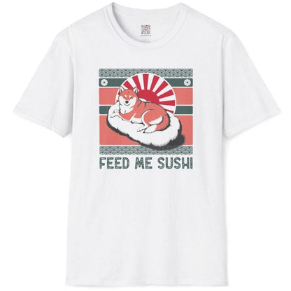 White flatlay t-shirt with Shiba Inu on sushi roll, red sunburst, wave border, sushi shirt, pastel aesthetics.