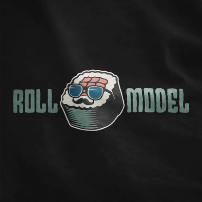 Sushi roll with blue sunglasses and mustache on black shirt, sushi shirt, kawaii sushi.