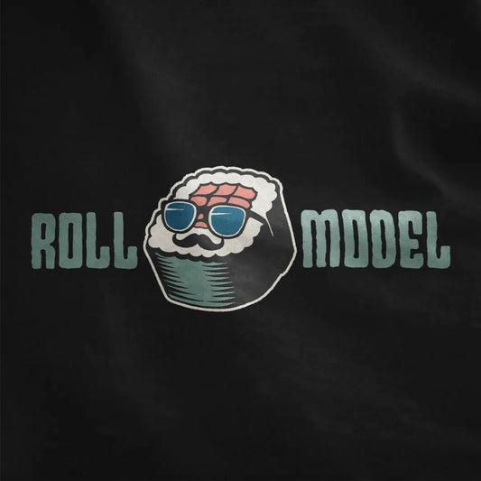 Sushi roll with blue sunglasses and mustache on black shirt, sushi shirt, kawaii sushi.