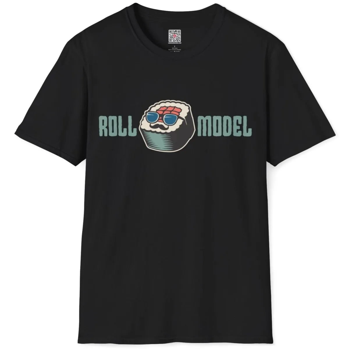 Flatlay of black t-shirt with quirky sushi roll, blue sunglasses, and retro "ROLL MODEL" text, sushi pun.