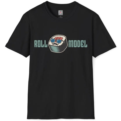 Flatlay of black t-shirt with quirky sushi roll, blue sunglasses, and retro "ROLL MODEL" text, sushi pun.