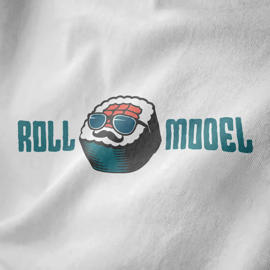 Sushi roll with blue sunglasses and mustache on white shirt, sushi t-shirt, whimsical illustration.