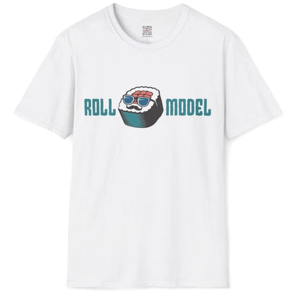 Flatlay of white t-shirt with playful sushi roll, mustache, and teal "ROLL MODEL" text, funny shirts with sayings.