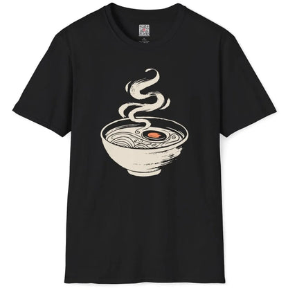 Black ramen t-shirt with minimalist bowl and orange dot, artistic brushstroke style, flatlay view.