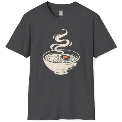 Dark heather t-shirt flatlay with minimalist ramen bowl, orange accent, artistic Japanese style.