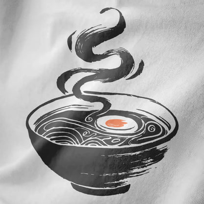 Minimalist ramen bowl design with orange accent on white fabric, featuring hand-drawn texture and contrast.