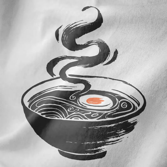 Minimalist ramen bowl design with orange accent on white fabric, featuring hand-drawn texture and contrast.