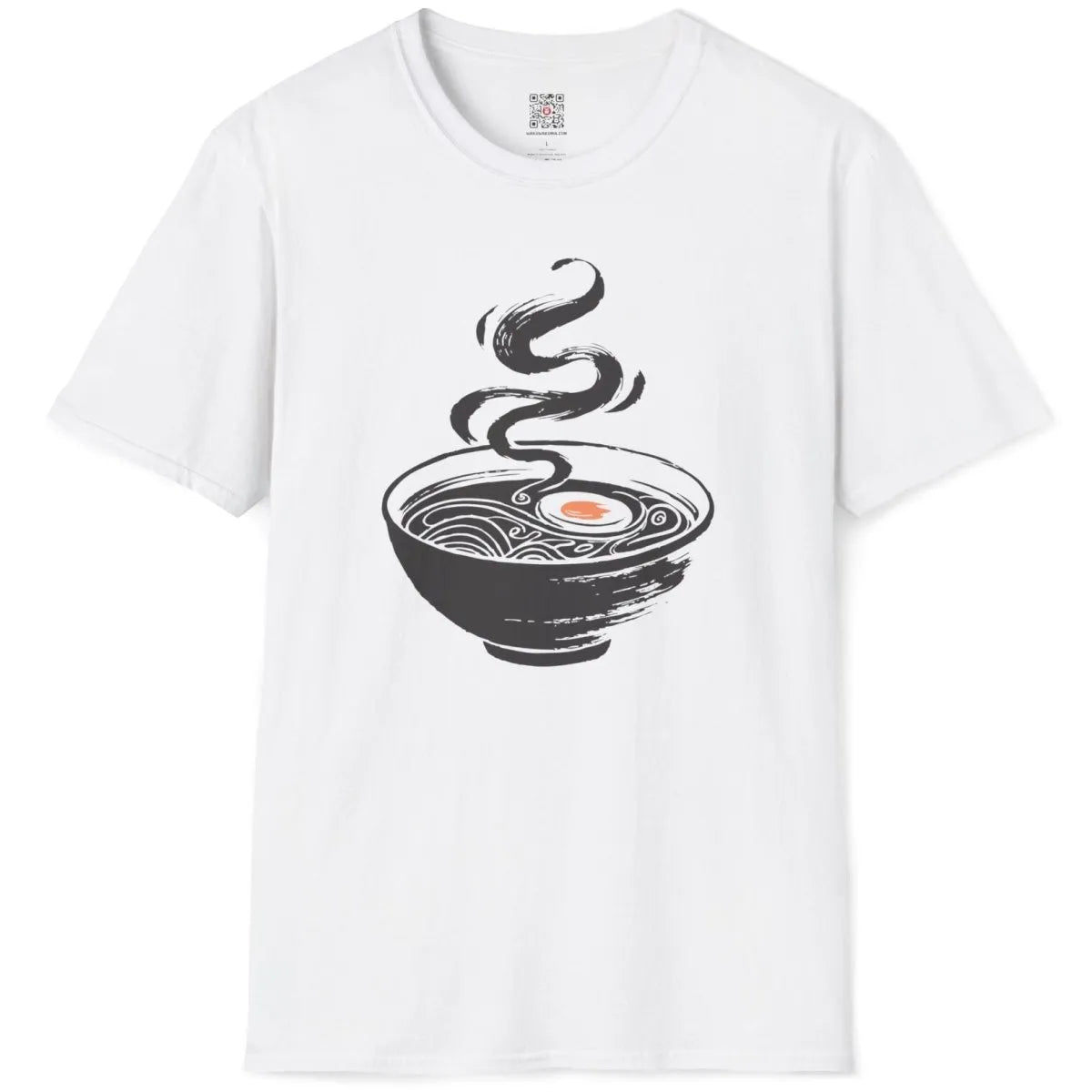 White ramen t-shirt flatlay, simple bowl design, orange accent, hand-drawn minimalism.