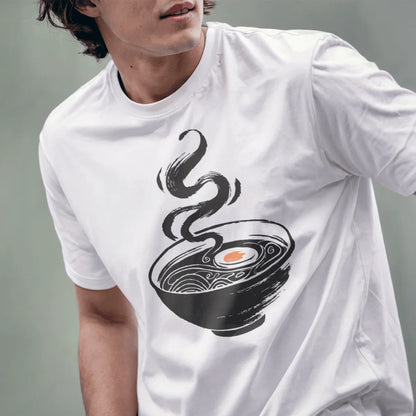 Male model in white ramen t-shirt, minimalist bowl design with orange accent, lower face visible.
