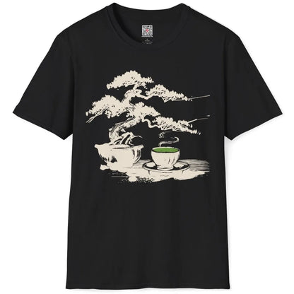 Flatlay of black t-shirt with bonsai tree and green tea cup, traditional Japanese art style.
