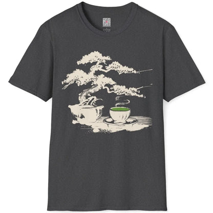 Flatlay of dark heather t-shirt with bonsai and tea cup, tranquil and cultural Japanese theme.