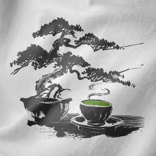 Detailed bonsai tree and green tea cup in sumi-e style on white fabric, tranquil Japanese art.