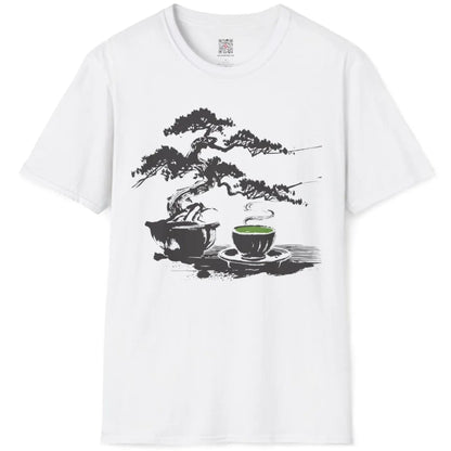 Flatlay of white t-shirt with bonsai and tea cup, serene sumi-e inspired Japanese design.
